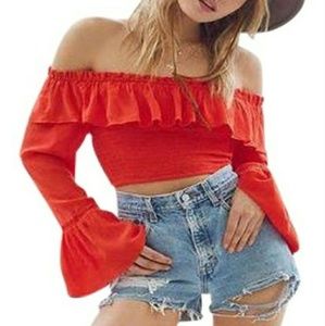 Smocked off-shoulder ruffle crop top NWT